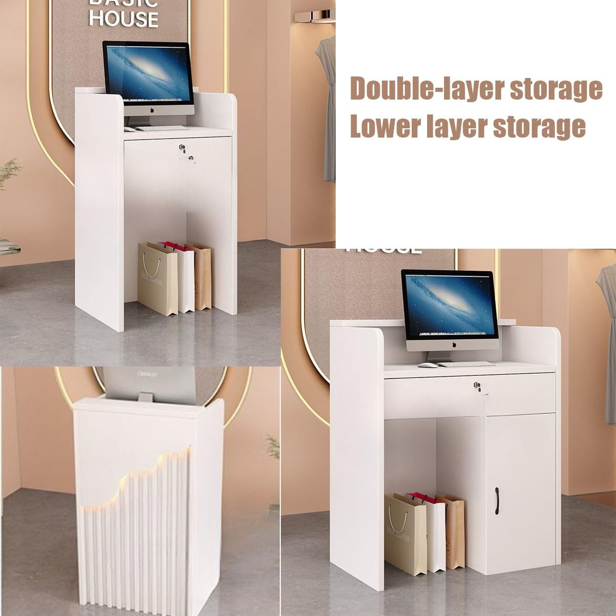 Drewniane biurko z oświetleniem LED, przenośny stojak na podium do salonu, hotelu i sklepu, kompaktowy stolik przedni (D1 60 x 40 x 96 cm) - nowoczesny design stylowy i funkcjonalny