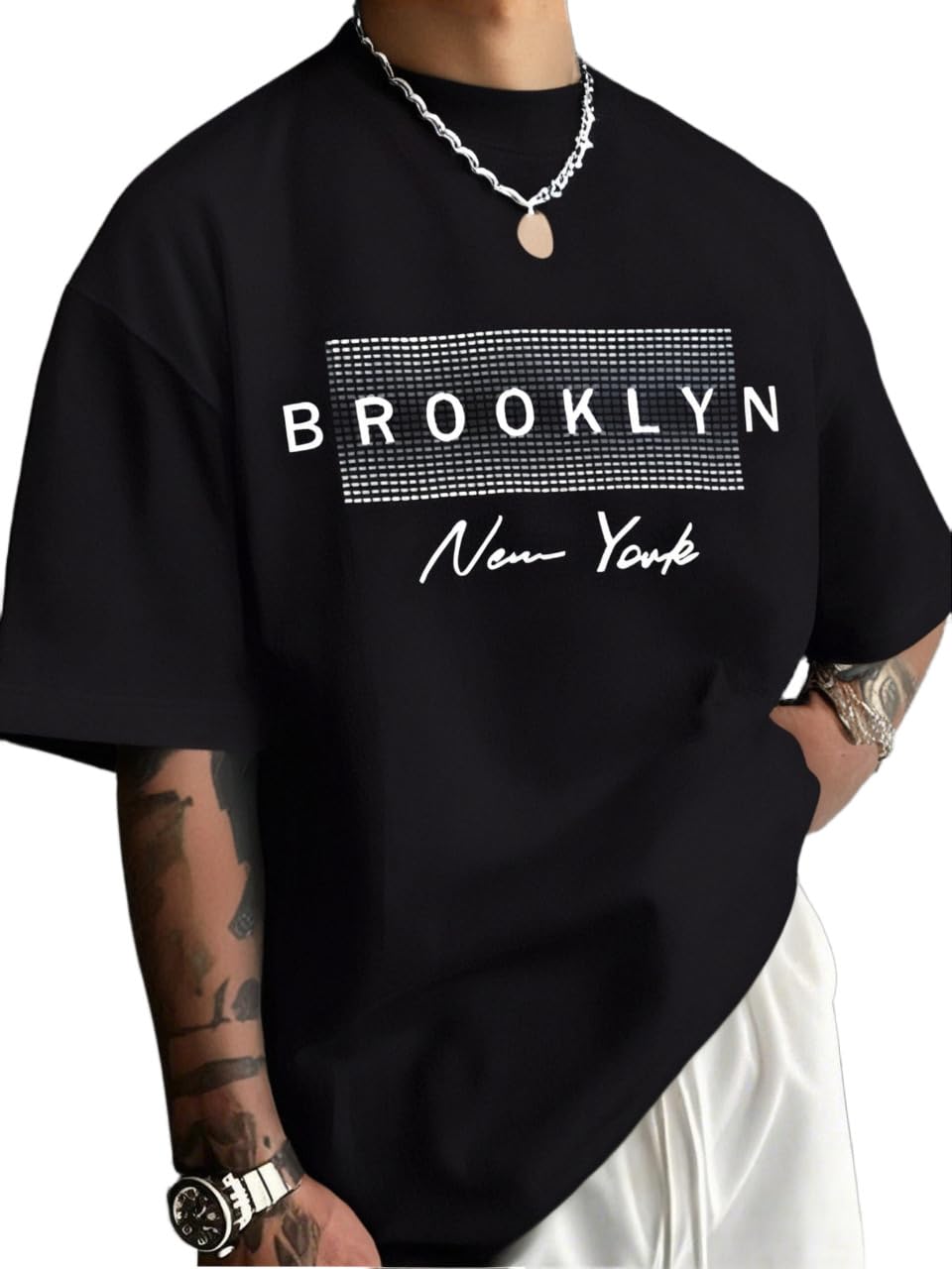 GORGLITTER Men's Oversized Graphic Drop Shoulder Tshirt Round Neck Short Sleeve Loose Casual Tee Top