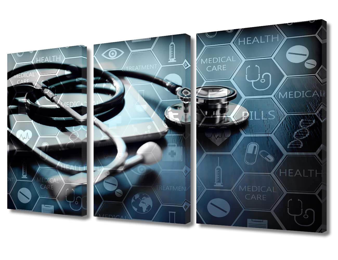 TUMOVO 3 Panel Poster Medical Network Black and White Wall Art Medicine Concept with Modern Laptop Pictures Wall Decor for Living Room Medical Wall Decor for Bedroom Framed Ready to Hang (36" Wx24 H)