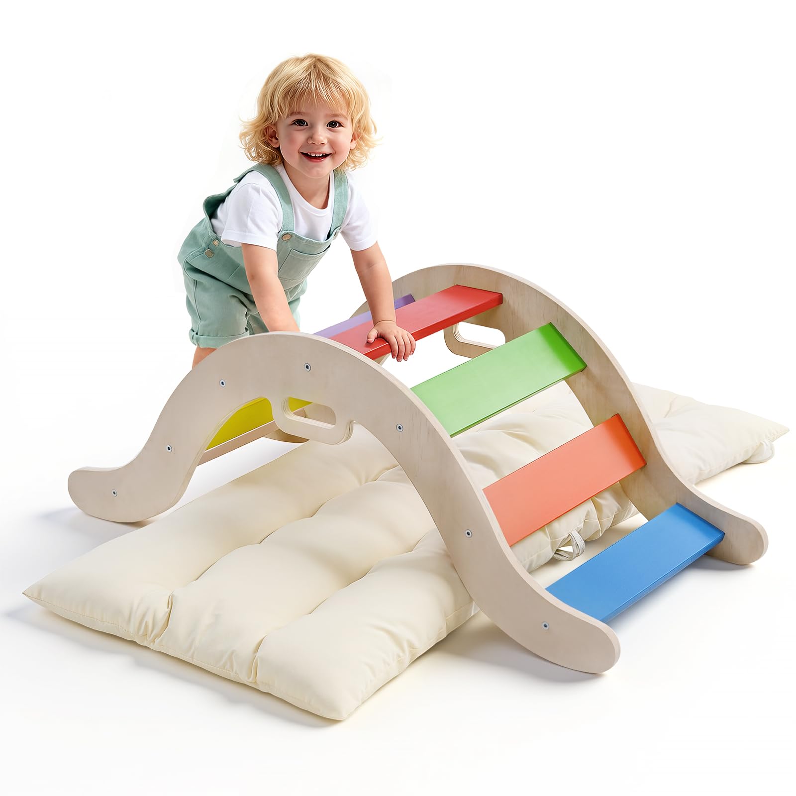 Kletterspielzeug für Kleinkinder, Kletterleitern aus Holz für Kinder, faltbares Klettergerüst für Kinder, Montessori-Spielausrüstung für Kleinkinder (Regenbogenfarben-2 in 1)