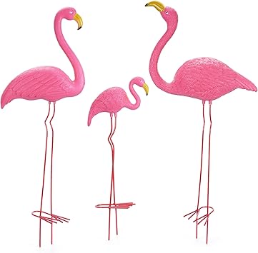 Ohuhu Family Flamingo Yard Ornaments, Set of 3 32", 31", 19" Bright Pink Flamingos Ornaments with Metal Feet Stakes for Garden Yard Patio Party Decoration, Outdoor Decor Gardening