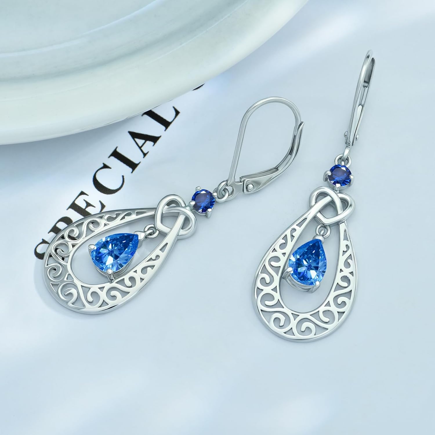 Teardrop Birthstone Dangle Drop Earrings Sterling Silver Infinity Filigree Leverback Earrings, Infinity Love Birthday Anniversary Valentines Day Gifts for Her Women Mom Wife - Image 2