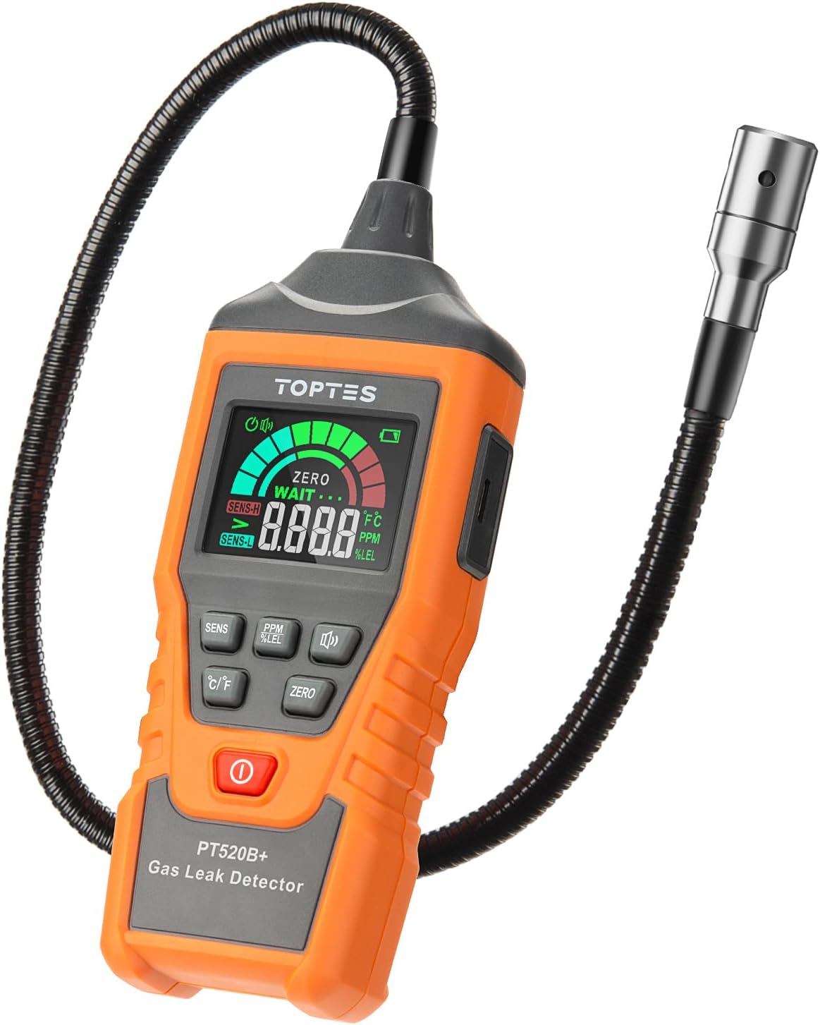 Natural Gas Detector, TopTes PT520B+ Rechargeable Gas Leak Detector With 17.25" probe to identify propane, natural gas, methane, LPG gas leaks, PPM or %LEL in RV or home - Orange