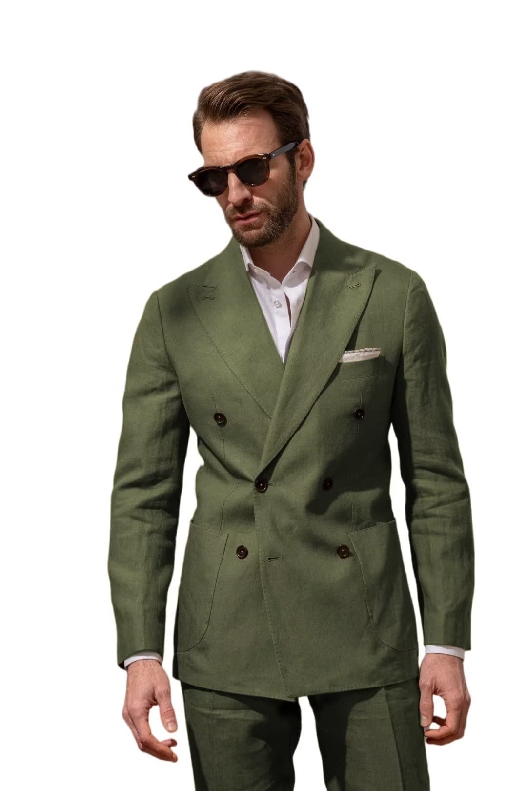 HZUOU Army Green Double Breasted Suit for Men Summer Linen