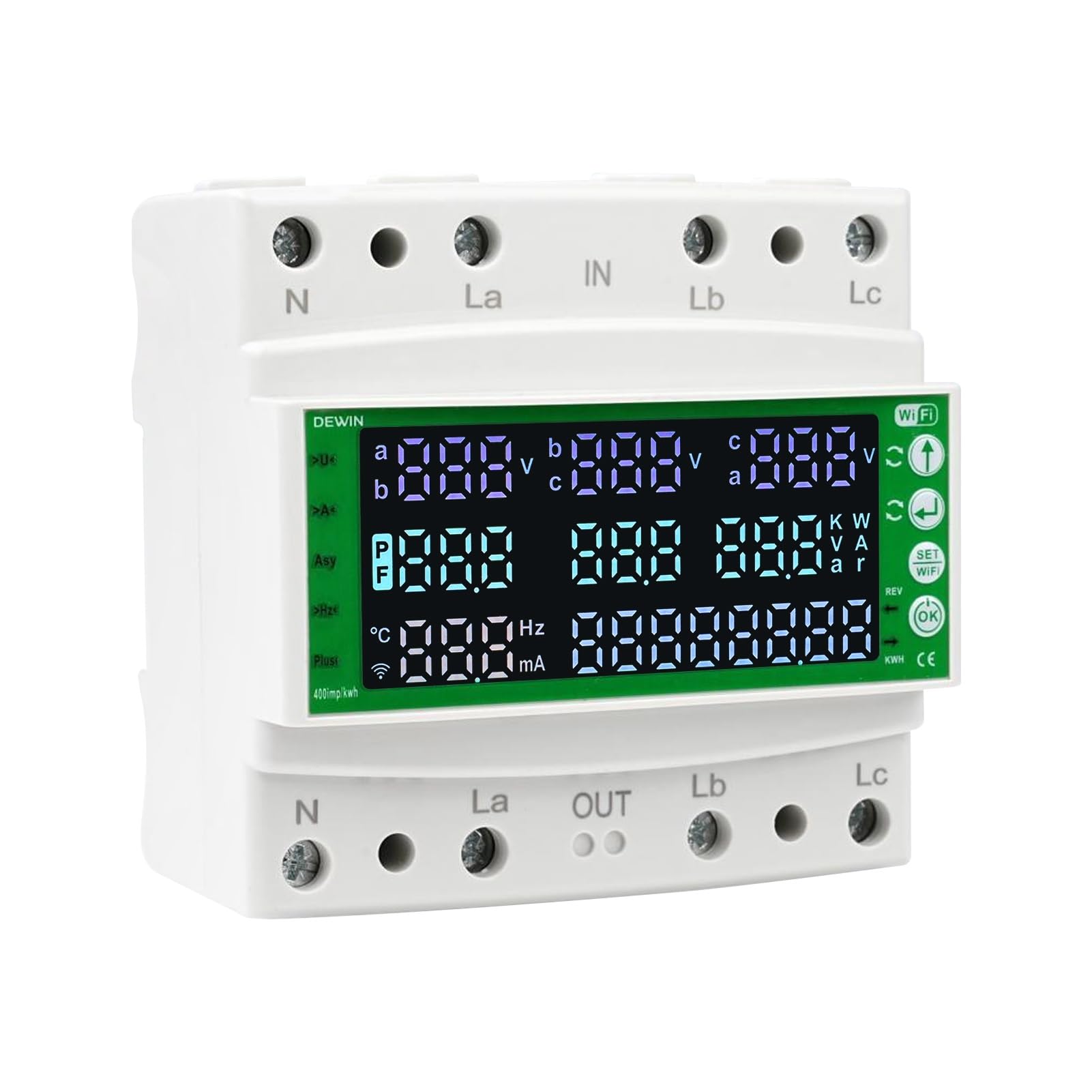 DEWIN Contatore elettrico 3 fasi, contatore di corrente trifase 3 fasi WiFi Smart Protector con funzioni di protezione da sovratensione, sottotensione, sovracorrente e corrente residua AC 60-300V