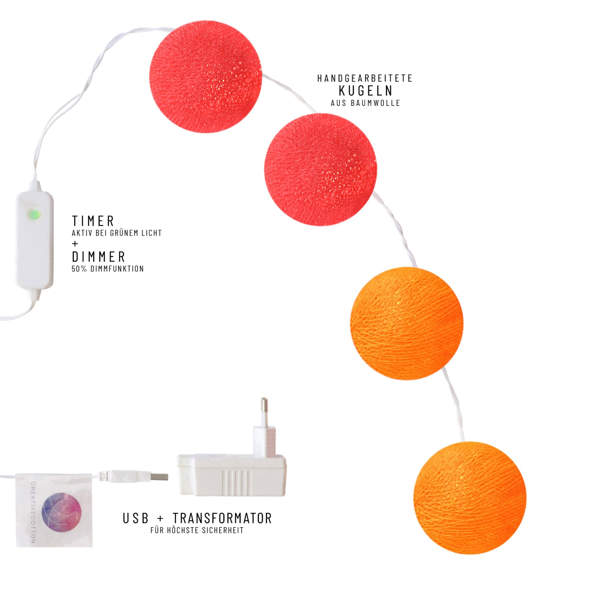 CREATIVECOTTON Cadena de luces LED con temporizador y regulador de luz incluido (Arcoíris, 20 bolas)