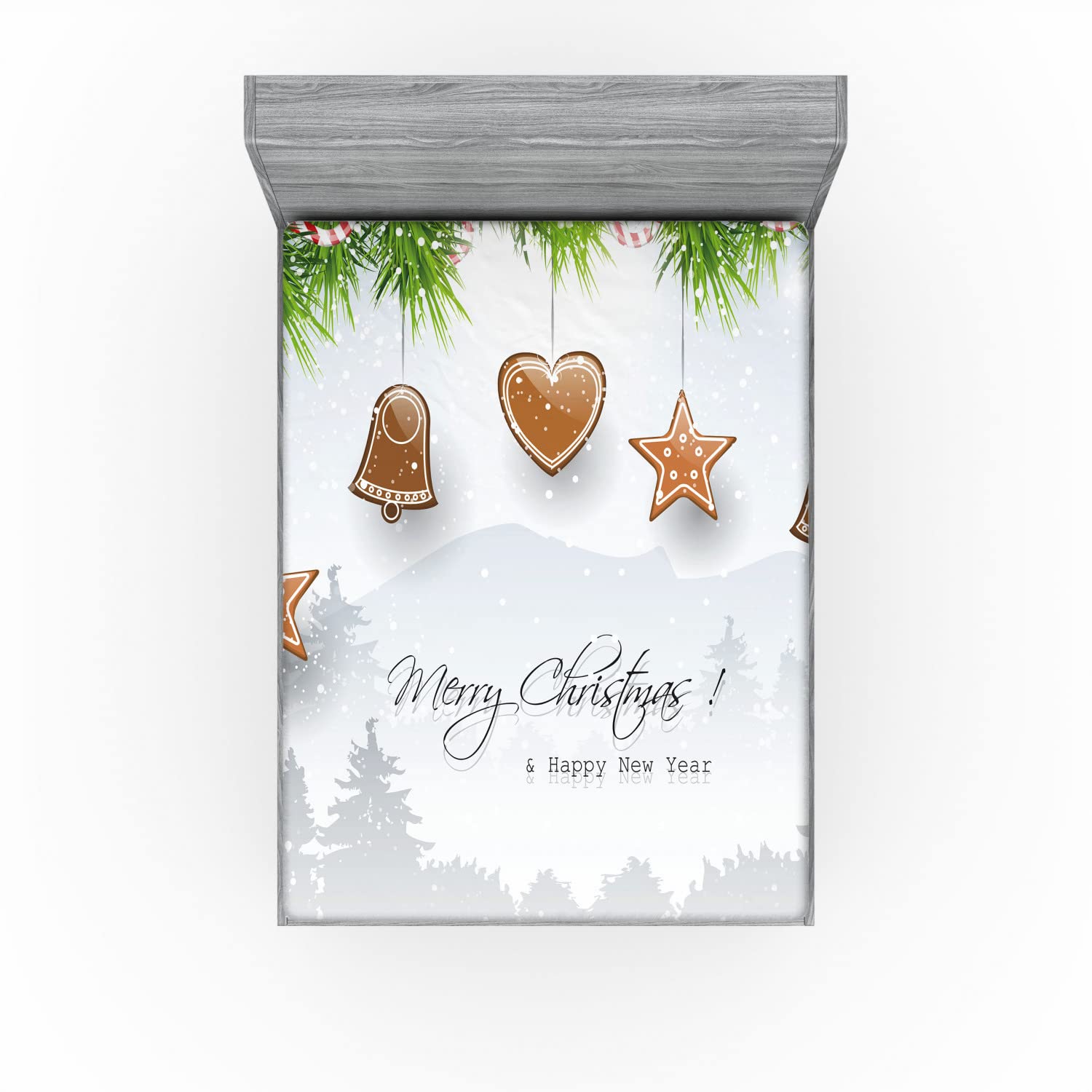 Ambesonne Christmas 2 Pack Fitted Sheet, Gingerbread Fir Tree, Bed Cover All-Round Elastic Deep Pockets 2 Pieces, Package Contains 2 Full Size Fitted Sheets, Brown Grey
