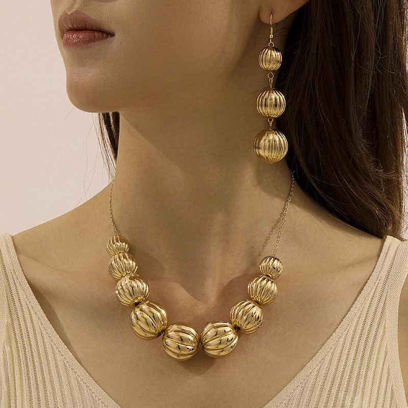 Chunky Lucky Bead Graduated Ribbed Sphere Necklace Earrings Jewelry Set For Women Statement Glam Elegant Party Adjustable Chain Gold Color - Image 3