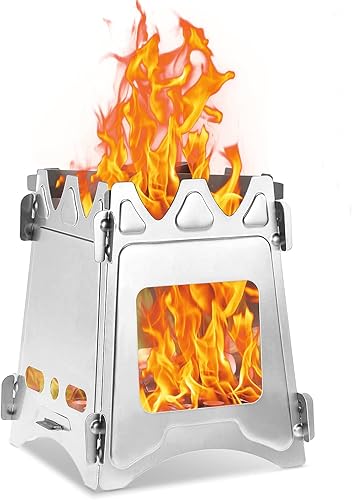 TOMSHOO Estufa plegable de campamento de acero inoxidable, estufa de leña portátil, estufa de cocina ligera de supervivencia con chimenea