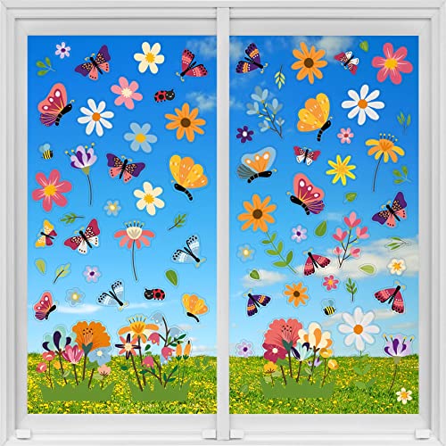 WALPLUS 81 Stück Schmetterlinge auf der Blumenwiese Fenstersticker Dekosticker Doppelseitig Static Cling Selbstklebende Wiederverwendbare Deko Glassticker Kinderzimmer Fensterbilder