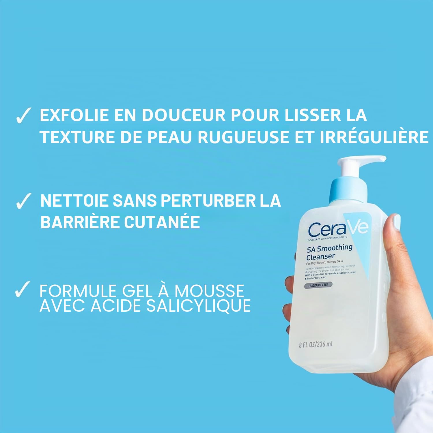 CeraVe SA Lot de 2 nettoyants lissants – Avec acide salicylique, acide hyaluronique et céramides – Nettoyant exfoliant visage et corps pour peaux sèches, rugueuses et bosselées 473 ml