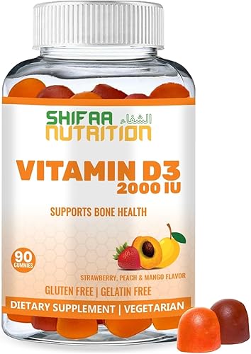 Gomitas vegetarianas de vitamina D3 para adultos y niños  45-90 porciones, 2,000 UI1,000 UI  Sin OMG, sin gluten, sin gelatina  Apoya huesos,