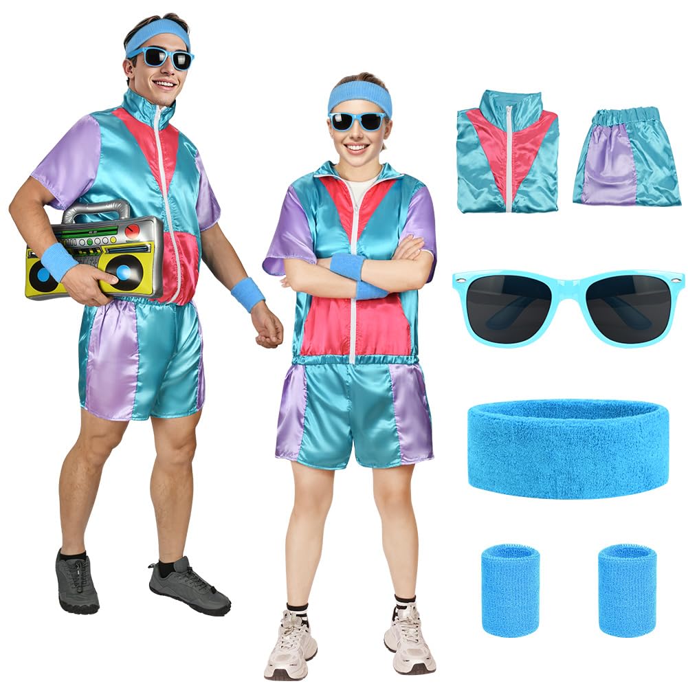 Aomig 90s Hip Hop Outfit 80s Fashion Shell Suit Costume, 80s 90s Costume Outfits Sportswear for Disco with Headband Wristbands, 1980s Disco Fancy Dress Retro Tracksuit for Halloween Carnival Party(L)