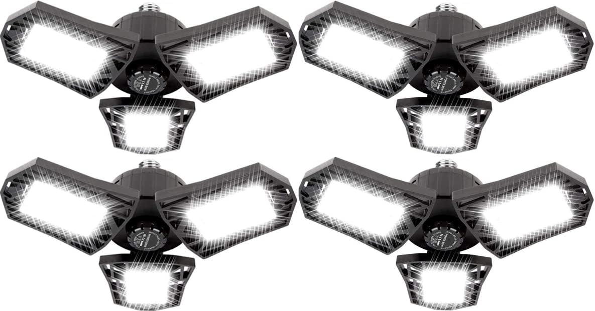 Deformable LED Garage Light - 6000 Lumen 6500K Daylight 60W, Three Leaf Garage Organization Ceiling Lighting, Pack of 4