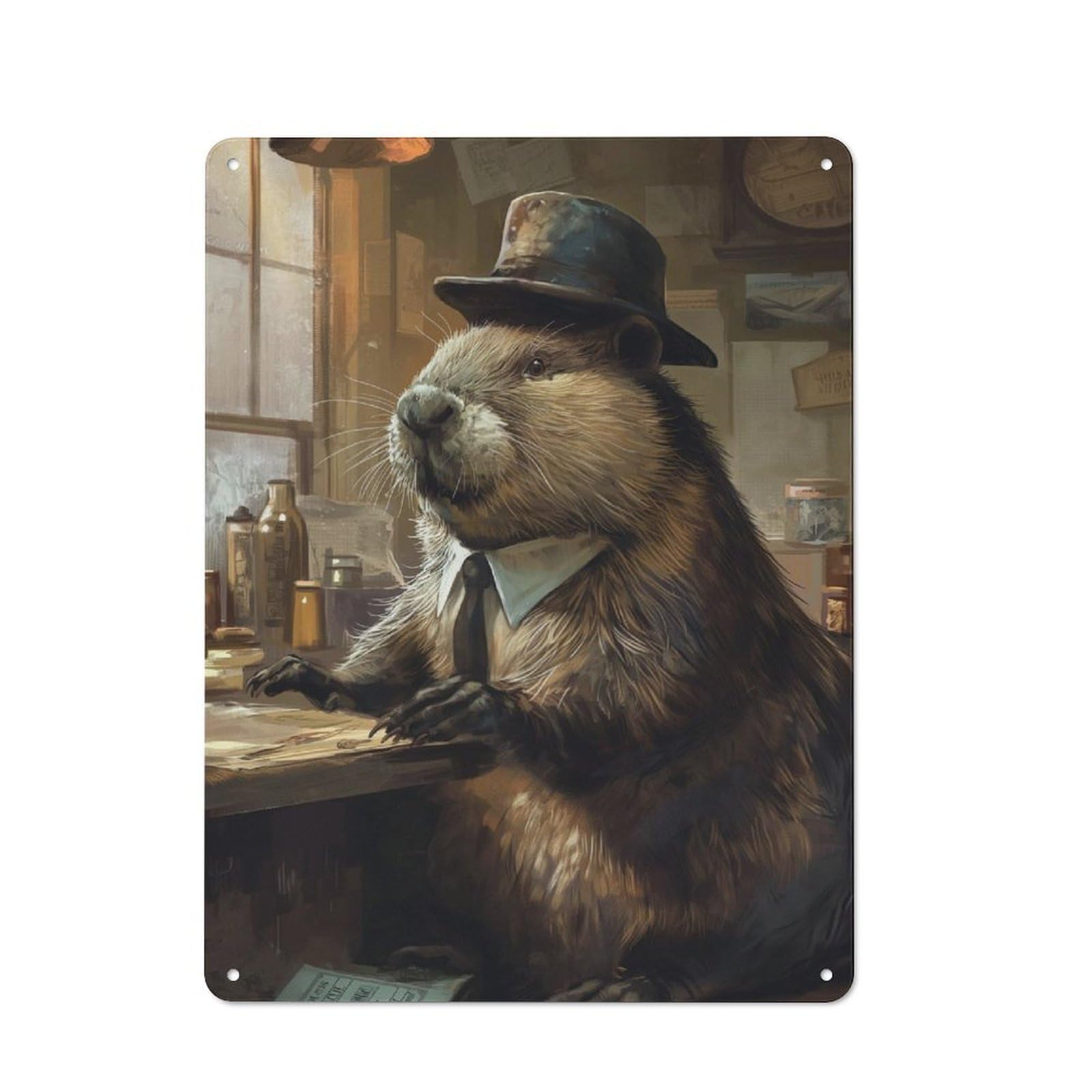 Decorative Metal Plaque with Funny Dressed Beaver Hat Design 40x30cm, Modern Retro Studio Wall Art for Workspace, Cafe, Hallway Or Garage