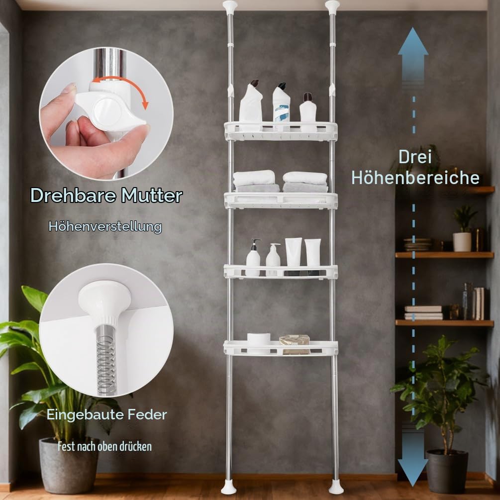 BAOYOUNI Toilettenregal Teleskop Badregal mit 4 Offene Ablagekörbe | Regal über Toilette aus Metall und Kunststoff, Teleskopstange Höhenverstellbar Platzsparend Allzweckregal, Elfenbein