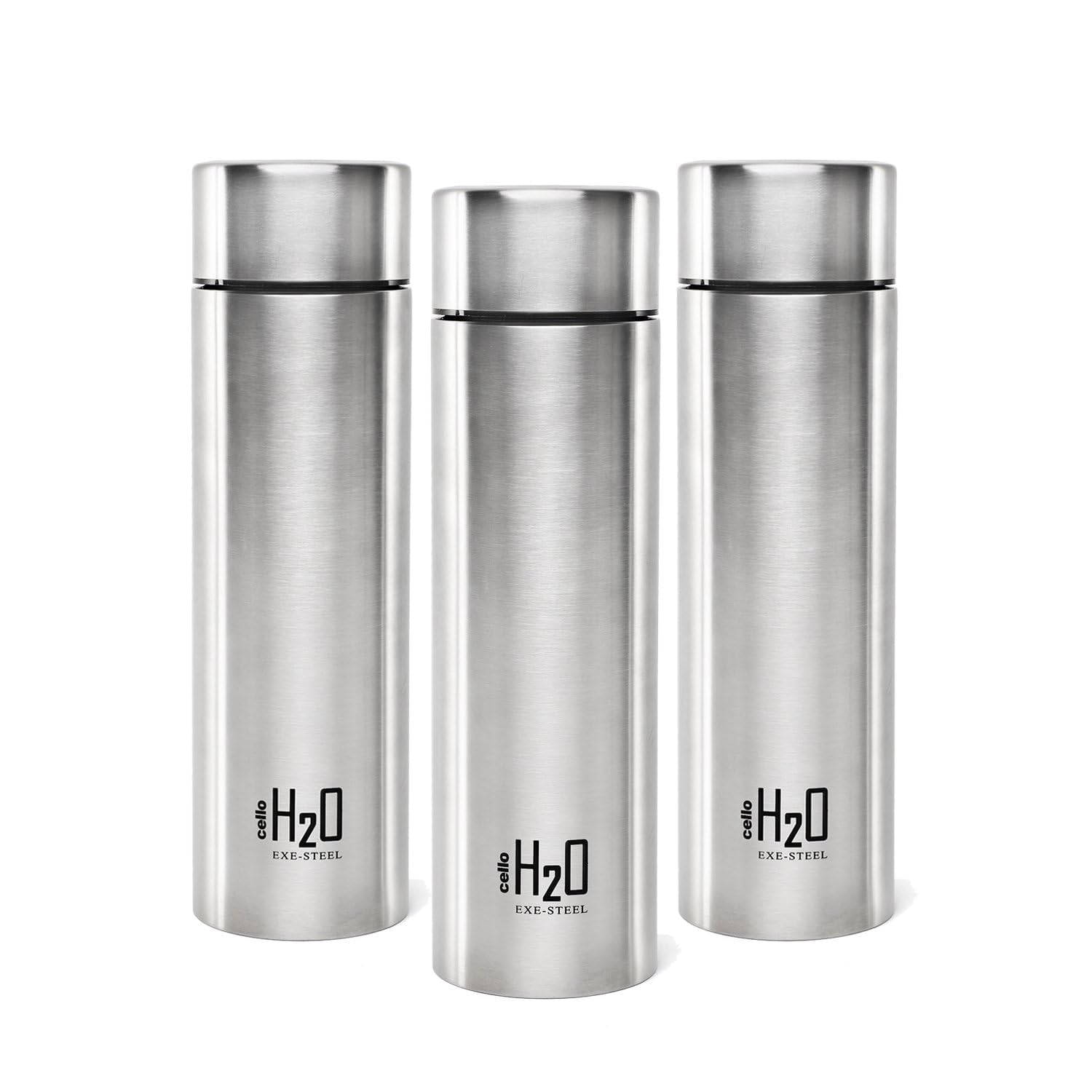 CELLO H2O Stainless Steel Water Bottle For Office & Daily Use Set of 3 Pcs, 1000 ml Silver | Single Wall Freezer & Fridge Safe, Lightweight Leakproof Rustproof Steel Water Bottle For School Gym Travel