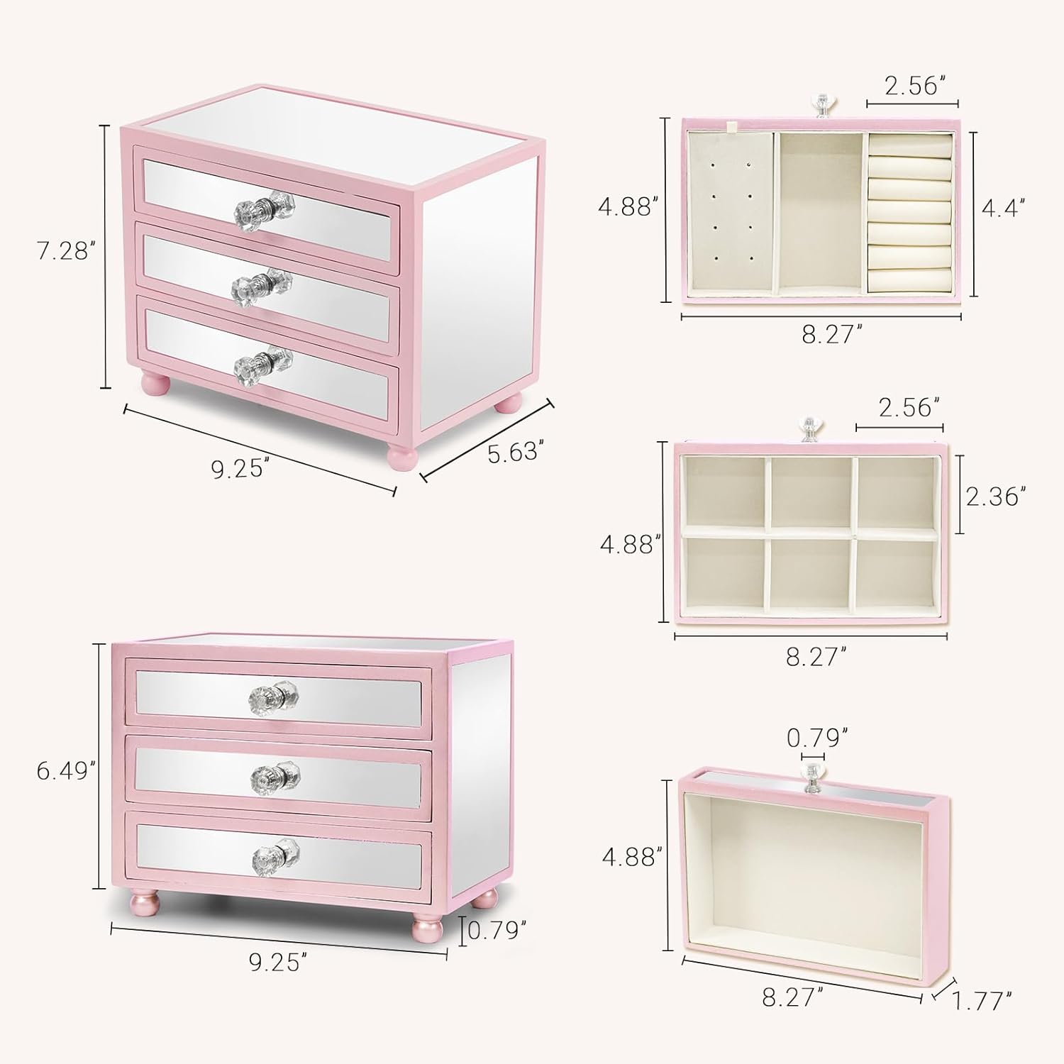 Gifturbo Pink Jewelry Box for Women Girl Wife 3 Layers Large Mirror Glass Jewelry Organizer Storage Case with Three Drawers Display for Earrings Bracelets Rings Watches