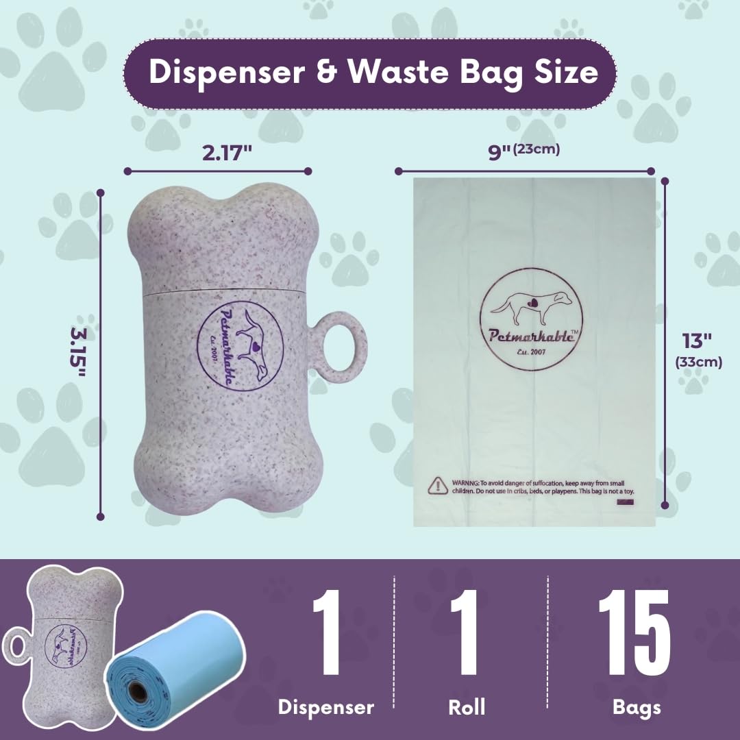 Kit completo de residuos para perros conscientes de la tierra: dispensador de bolsas de basura de paja de trigo con un rollo de bolsa de basura de almidón de maíz de 15 bolsas, mosquetón,