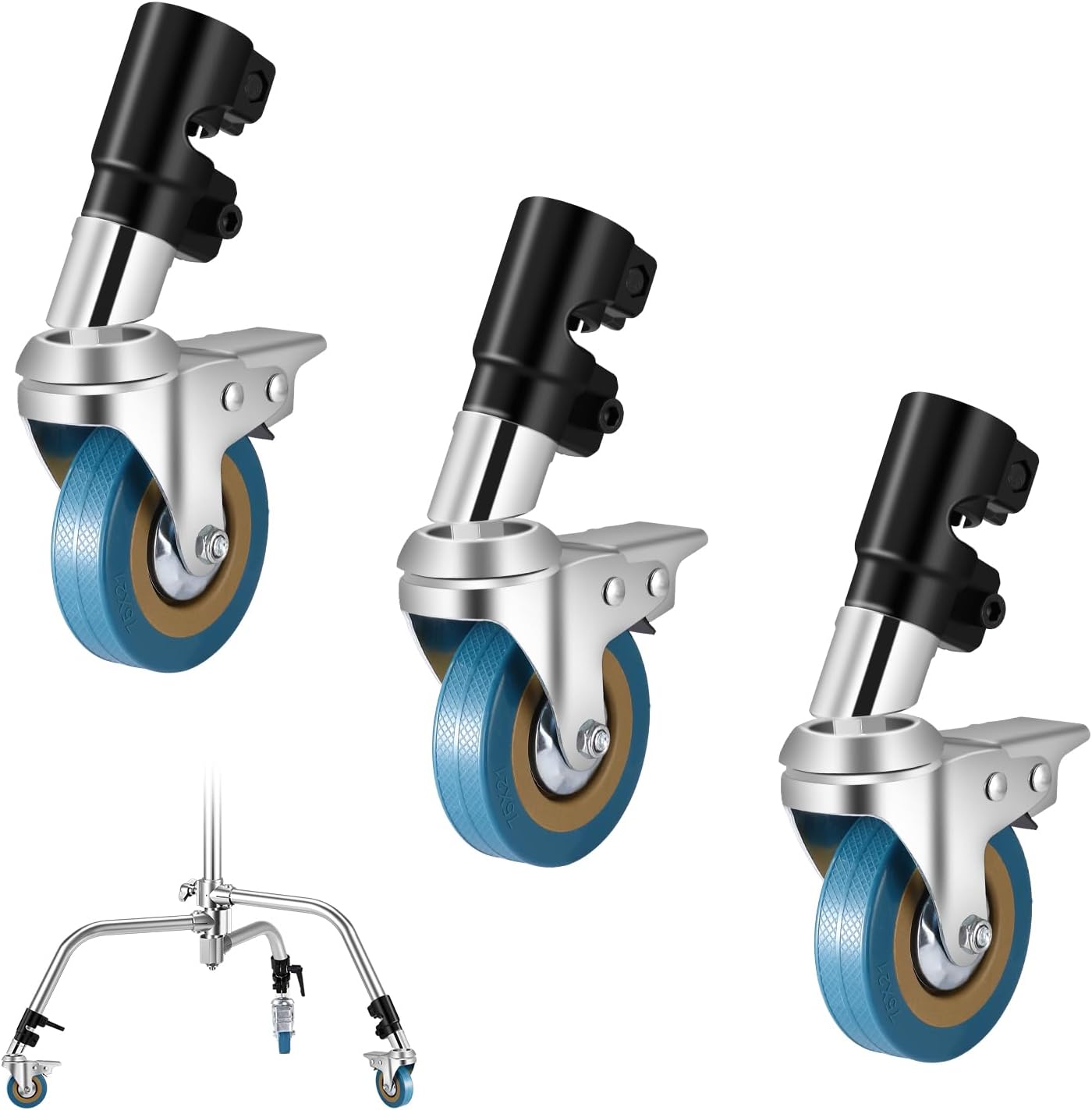 3 Pack Swivel Caster Wheels - 85mm Diameter, Durable Metal Construction with Rubber Base, Suitable for 25mm Leg Diameter C Stand for Studio Video Shooting