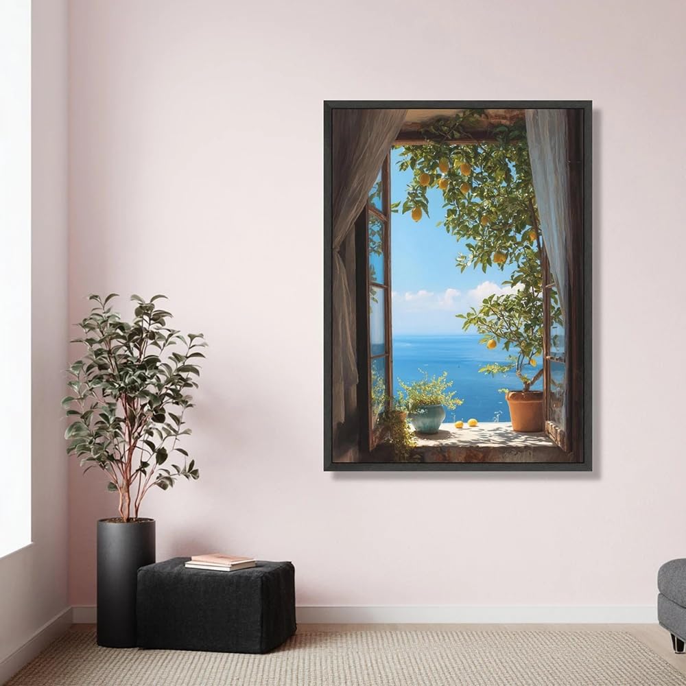 LTjiajuypd Canvas Prints Lemon Tree Open Window Wall Art Sea View Potted Plant Coastal Decor Home(70x110cm/Frameless)