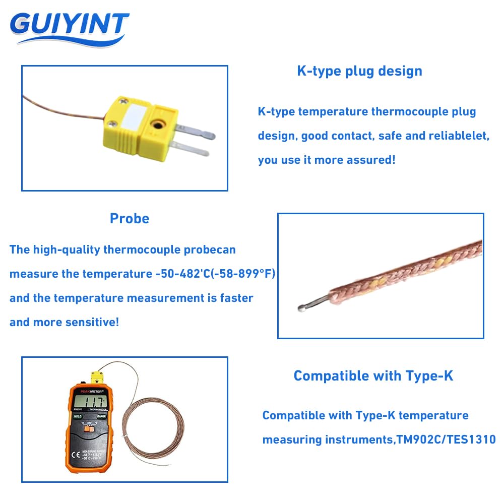 K-Type Thermocouple Probe Sensor - High Accuracy Mini Connector with 5M (16.4ft) Cable, Wide Range -58°F to 899°F (-50°C to 482°C) - 5 Pack (5M)