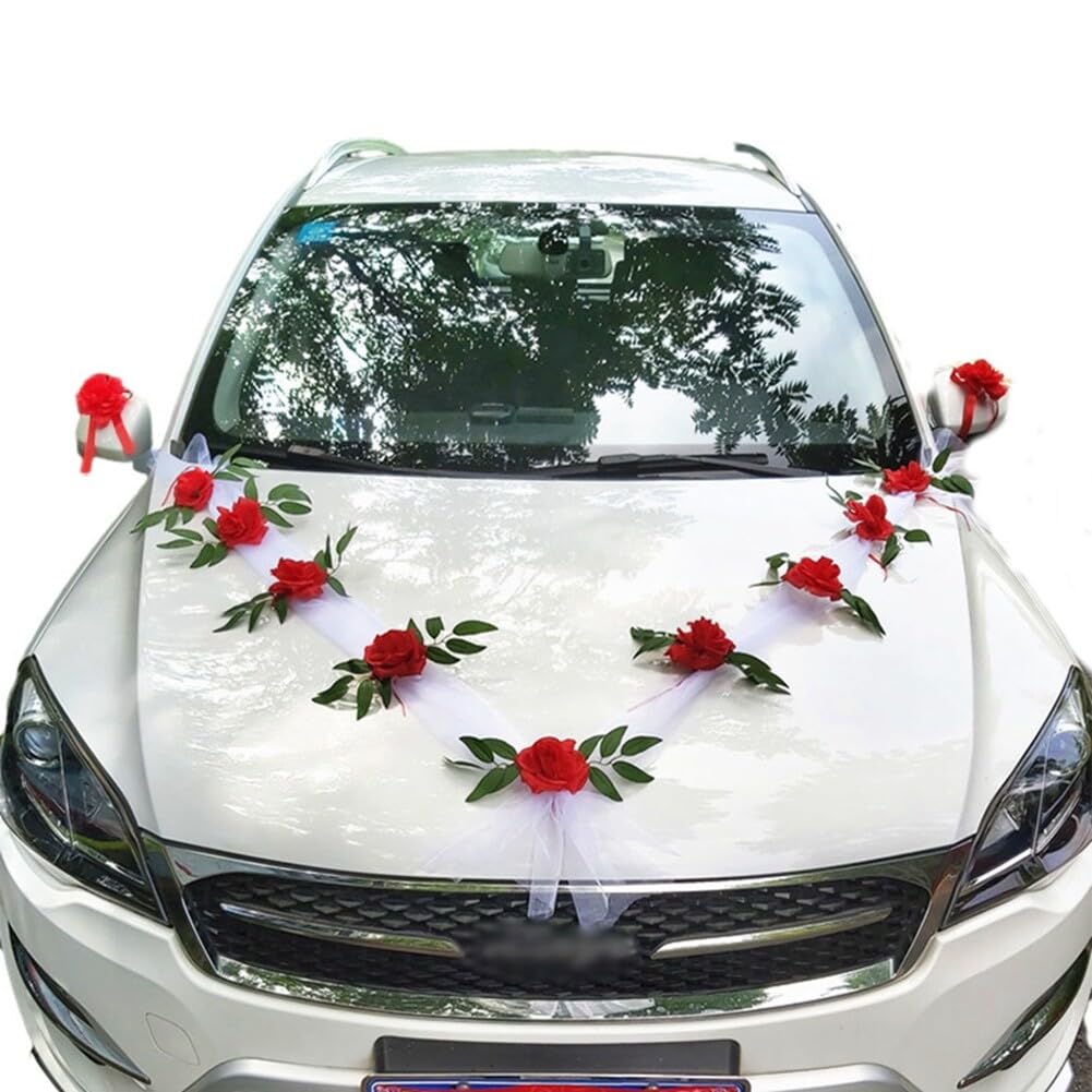 Asudaro Decoración de Flores Frontal de Coches de Boda, decoración de Coche, Juego de Ramo de Flores Artificiales, Cinta de decoración de Coche, Cinta de decoración de Boda para Coche de Boda
