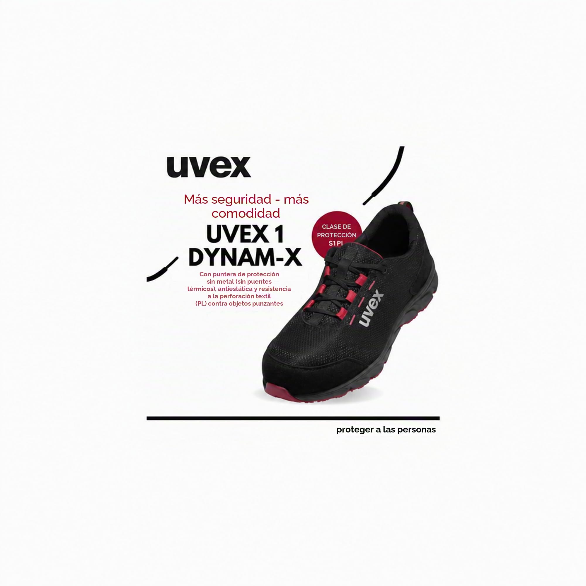 Uvex 1 zapato de seguridad Dynam-x S1 PL – sin metal, especialmente ligero y transpirable – para hombre y mujer – antideslizante – negro/rojo – ancho 11