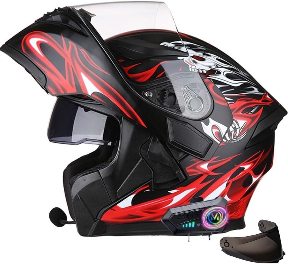 Kask motocyklowy Bluetooth Flip Up ze światłem LED, modułowy kask integralny z certyfikatem ECE z podwójnym wizjerem i mikrofonem