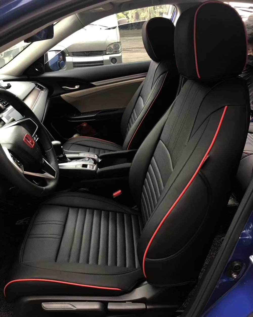 EKR Custom Car Seat Covers for Select Honda Civic Sedan 2016 2017 2018 2019 2020 2021 (Rear Row Solid Folding Backrest) - Leatherette (Black with Red Trim)