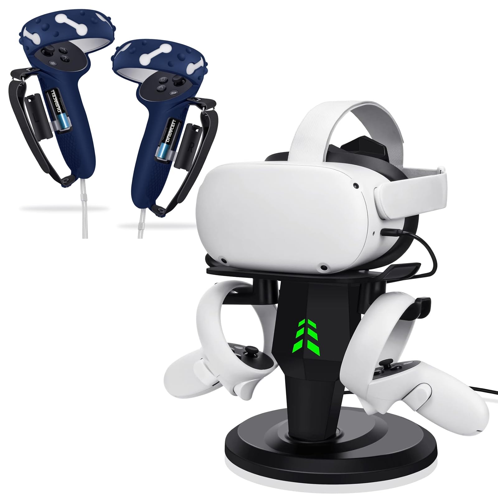 Lampelc Headset Charging Dock, VR Display Stand for Meta/Oculus Quest 2, Controller Grips for Oculus Quest 2, Extended Silicone VR Grips Cover Protector with Battery Opening