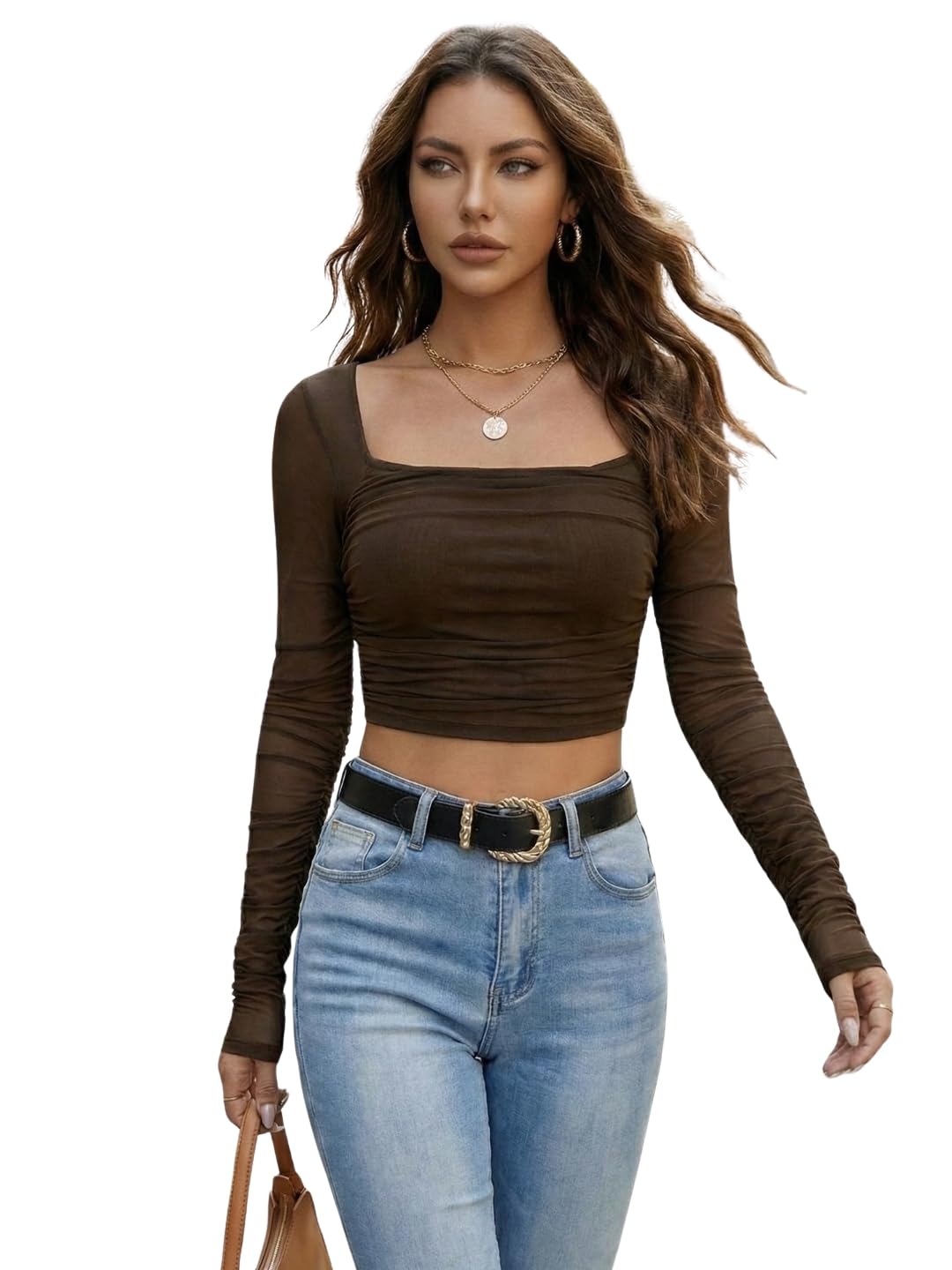 Women's Mesh Full Sleeve Square Neck Net Crop Top-picture-40
