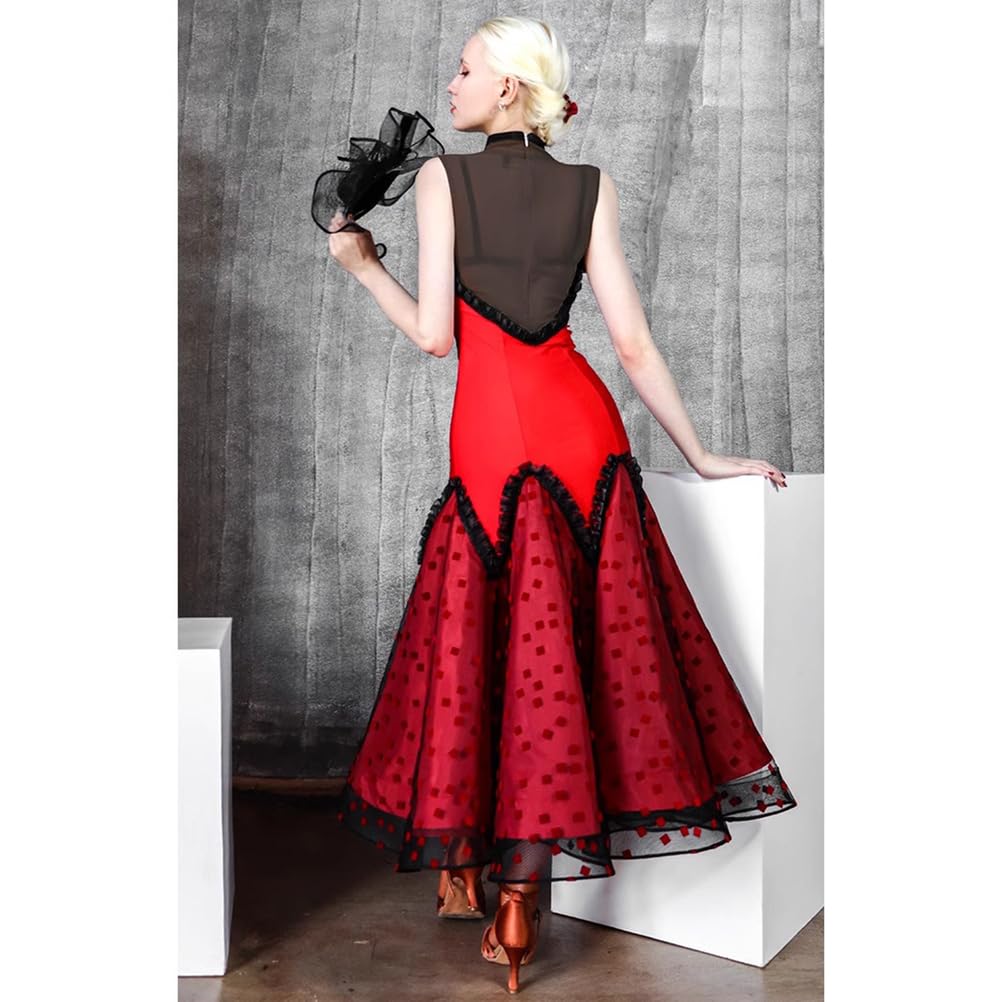 purpleq Vestido de Baile estándar Nacional para Mujeres, Vestido Rojo de salón, Waltz Moderno, Flamenco, Malla de Espina de pez, Falda de Gran Vuelo