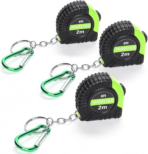 Spifflyer 3 piezas pequeñas de cinta métrica mini llavero 6 pies 2M con gancho de resorte, verde y negro