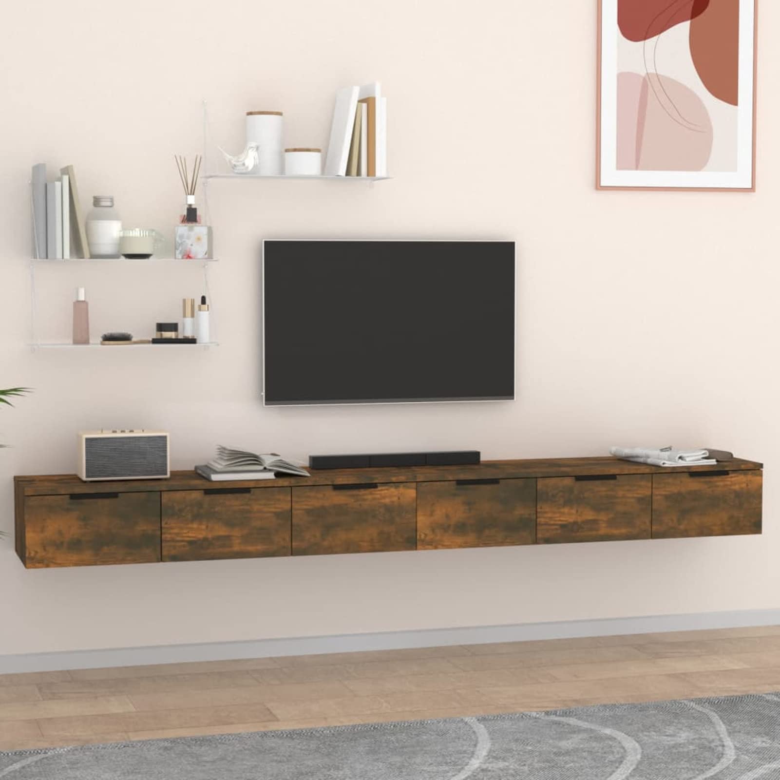 Homgoday Armadietti da parete, 2 pezzi, in legno di rovere fumé, 102 x 30 x 20 cm, pensili da appendere, per cucina e soggiorno, mobili per interni e interni