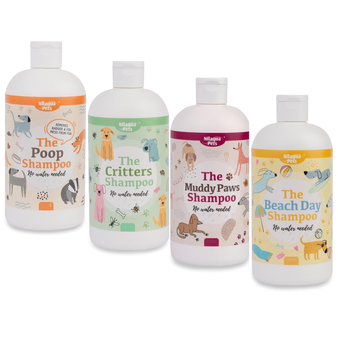 Nilaqua Pets No Rinse Shampoo 500ml Quad - Mulberry, Peppermint, Coconut and Watermelon, Rinse free Poop Shampoo, Muddy paws.
