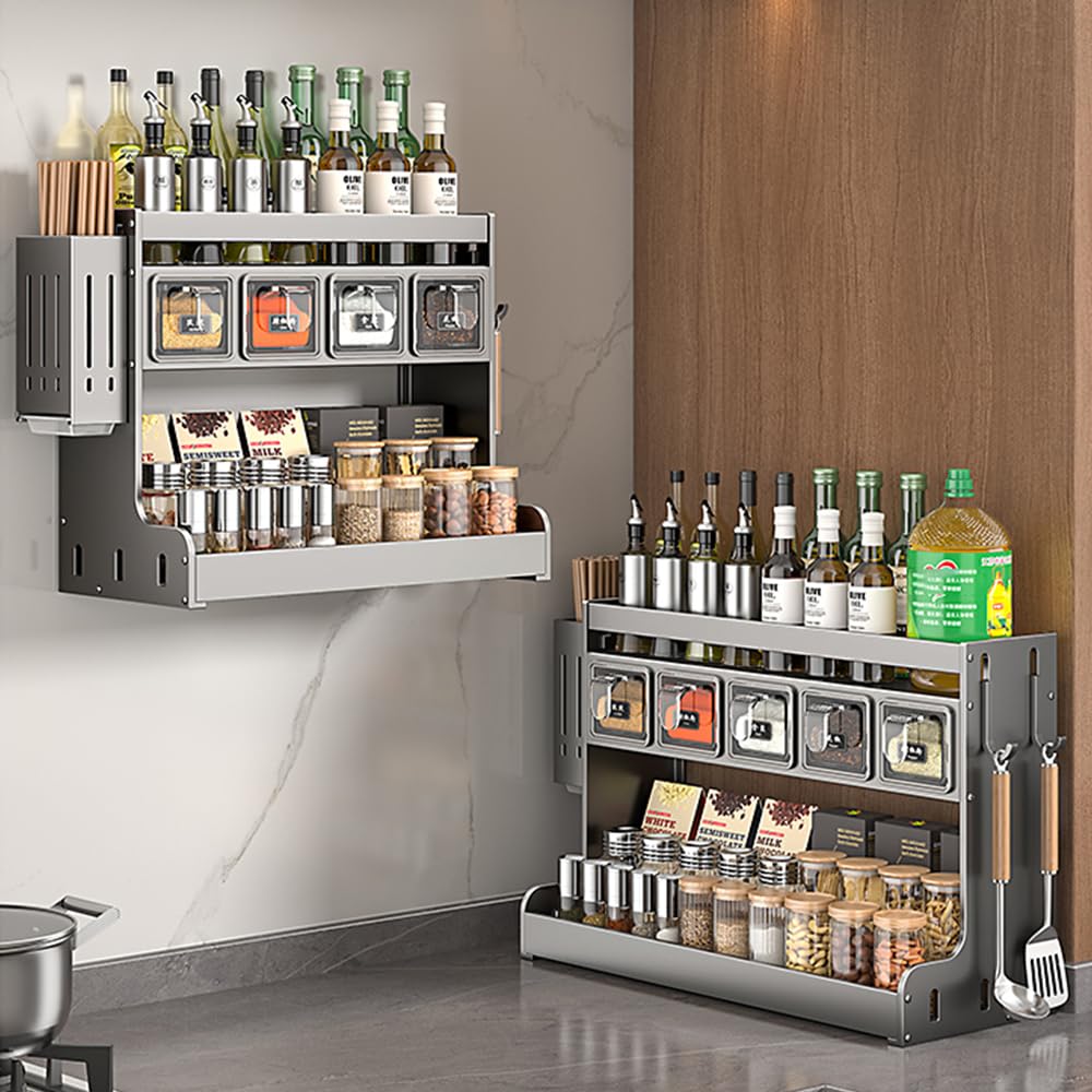 Mensola da Cucina per Condimenti, Portaspezie a Parete con Ganci e Supporto per Utensili, Organizzatore per Barattoli di Zucchero, Sale, Pepe, Olio (4 Scatole)