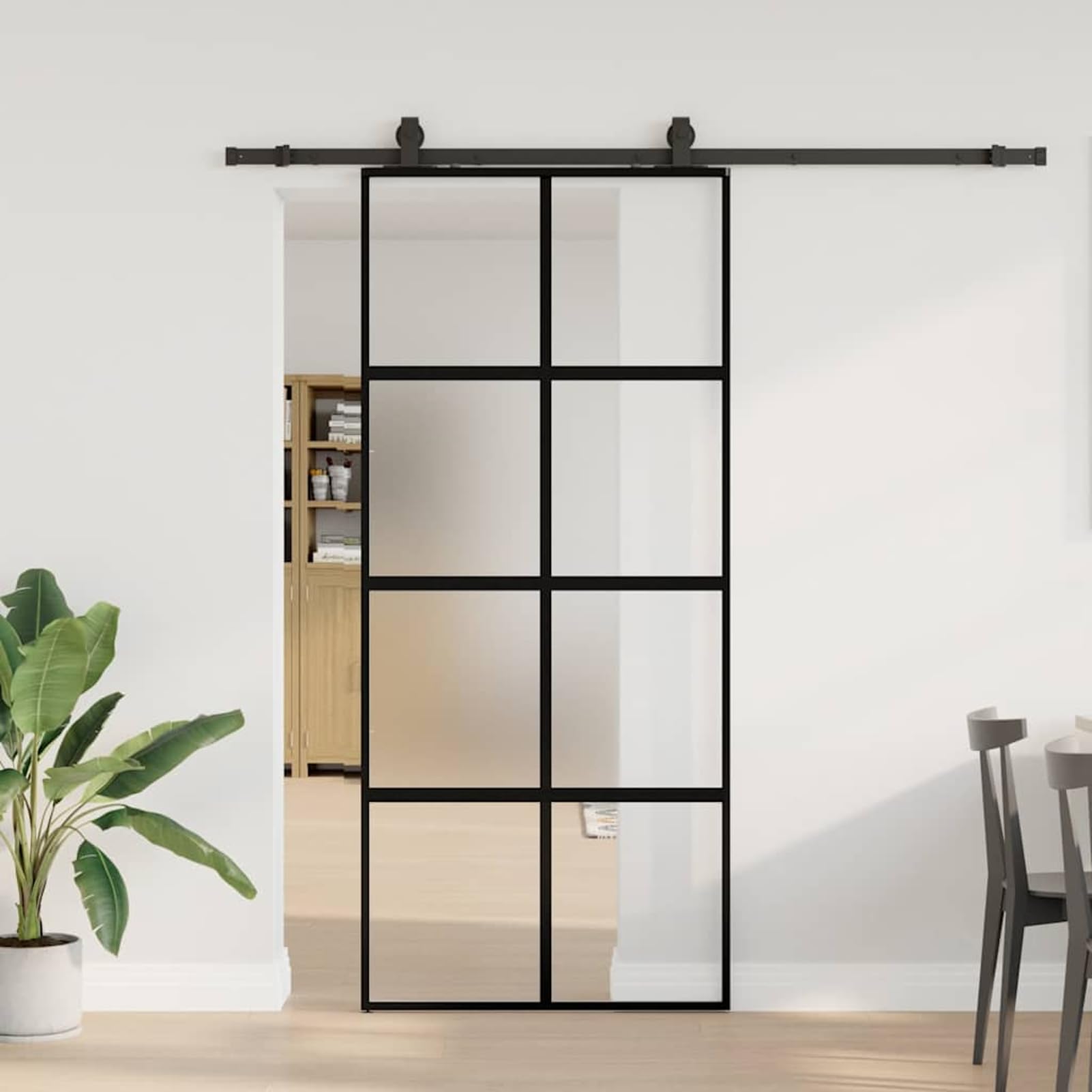 Drzwi przesuwne czarne 90 x 205 cm ze szkła hartowanego i aluminium z cichym systemem jezdnym, malowane proszkowo stalowe okucia, do salonu, sypialni i kuchni
