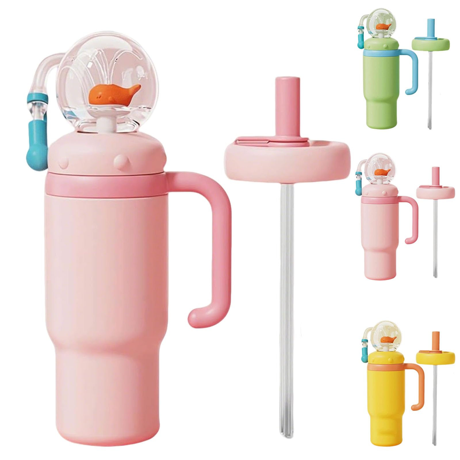 24oz stainless steel whale fountain tumbler,springbrunnen trinkflasche kinder,drinking cup with whale squirt,fountain water bottle,with Fun Fountain Effect,Two Lids,Spill-Proof,Dishwasher Safe (pink)
