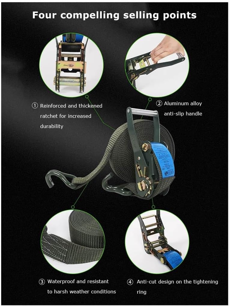 2PCS Ratchet Straps with Hooks 3.8CM/5CM Heavy Duty Ratchet Straps 1700lb Break Strength Ratchet Tie Down Straps for Motorcycle Trucks Trailer Cargo (Green)(W5cm/1.96in,L2m/78.7in)