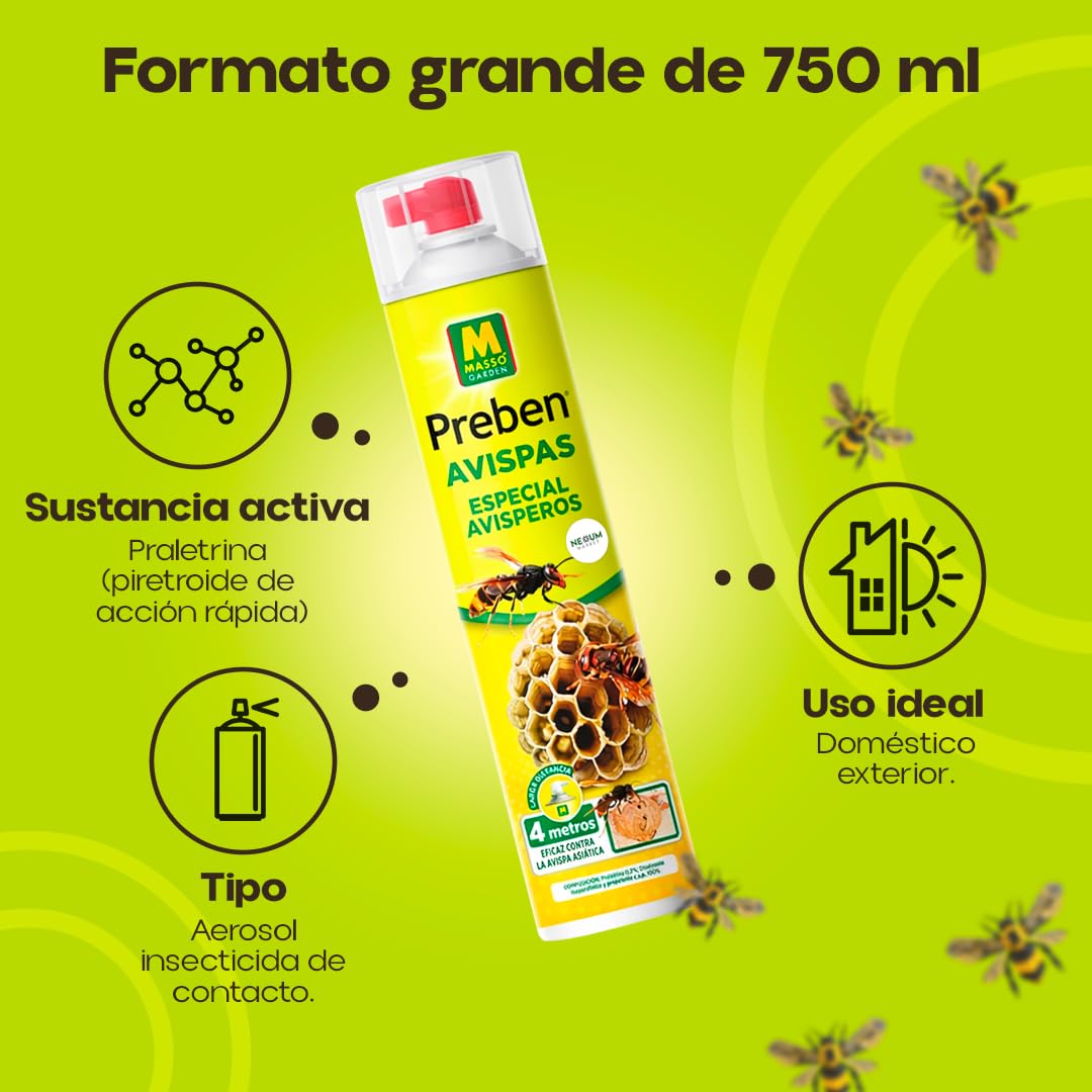 PREBEN Insecticida Avispas | Especial Avisperos 750 ml | Spray de Largo Alcance | Muy Eficaz para Avispas, Avispas Asiática y Avispones | Pulveriza hasta 4 Metros | Uso Exterior | Nexum Market