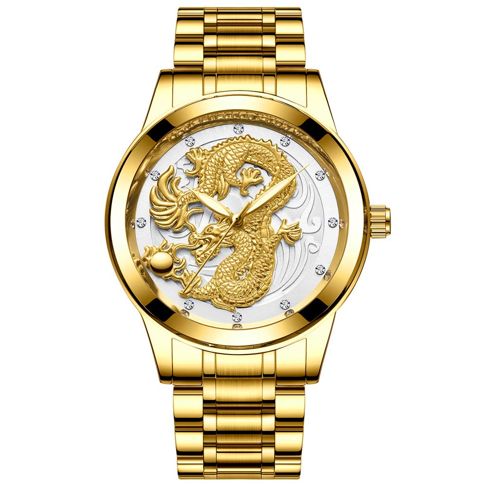 GoodernGoodern Couple Pair Watches Luminous Stainless Steel His and Hers Dragon Wristwatch Large Face Quartz Watch for Men & Women His and Her Couple Watches Romantic Quartz Waterproof Classic Couple Watch