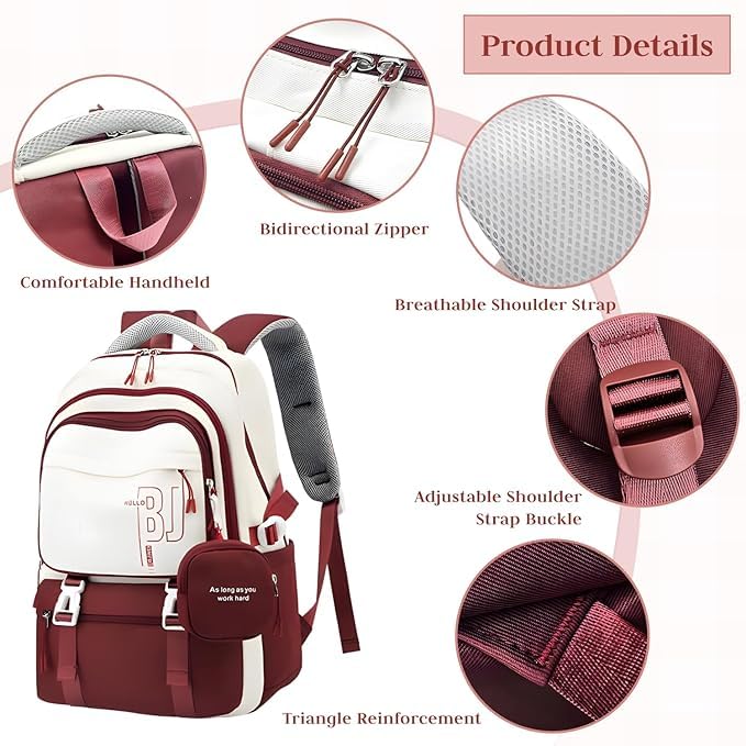 Image of Girls School Backpack with Small Zipper Pouch Fashion Nylon Backpack Multi Compartment Large Capacity Bag with Padded Shoulder Straps & Handle for School Travel Camping College