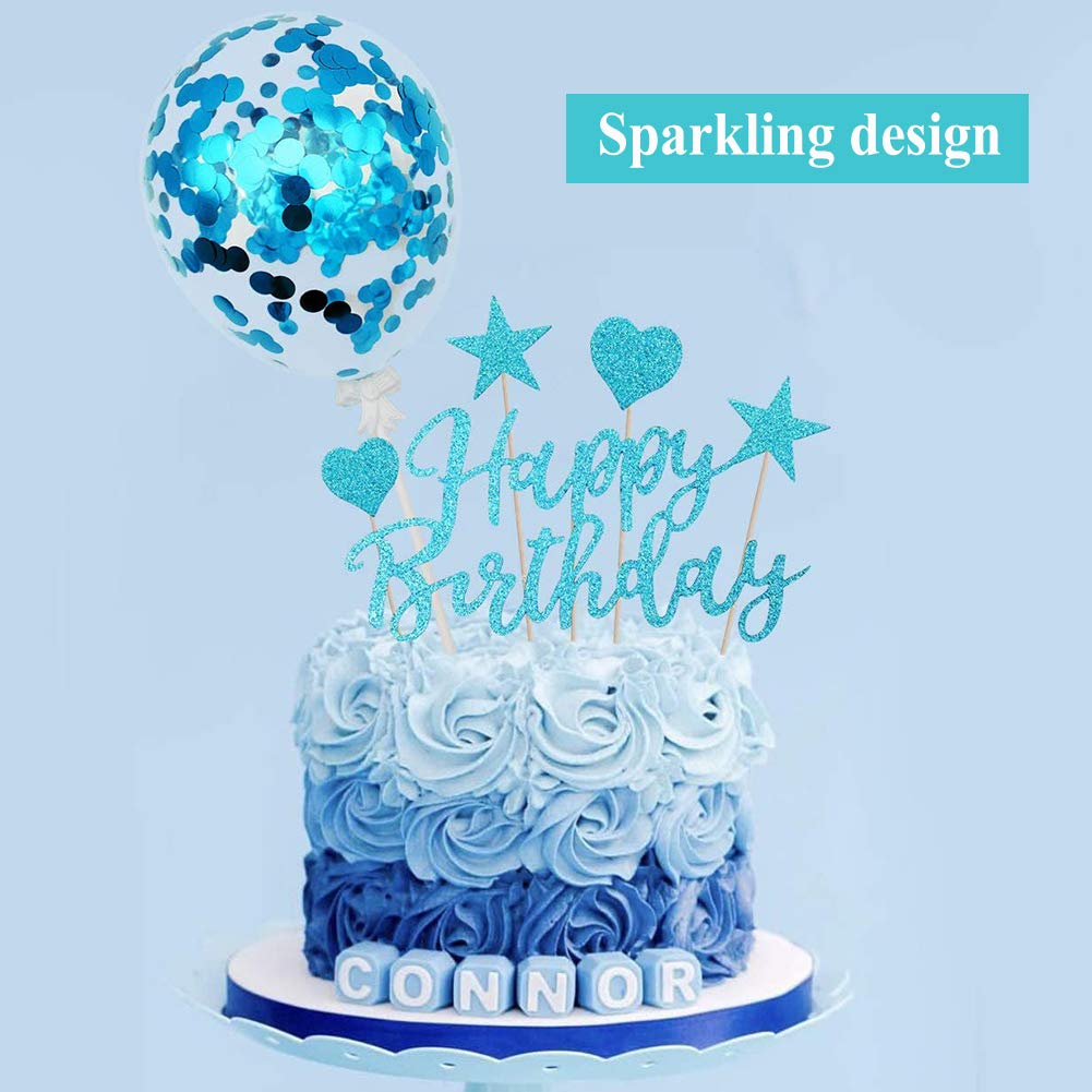 Allazone Happy Birthday Cake Topper, Cuore Stelle Palloncini Fiori Topper per Torta Compleanno per Bambine, Matrimoni, Madri, Feste Glitter Party Decorations, Oro