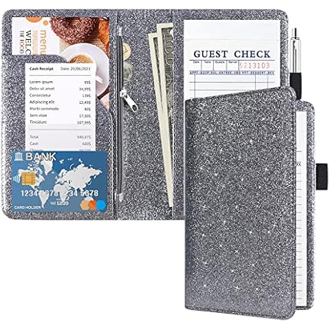 ACdream Server Books for Waitress with Zipper Pocket, Guest Book Note Pad, Cute Pocket Leather Money Organizer Wallet, Cash Check Bill Receipt Holder Presenter, Waiter Accessories, Glitter Grey Cover