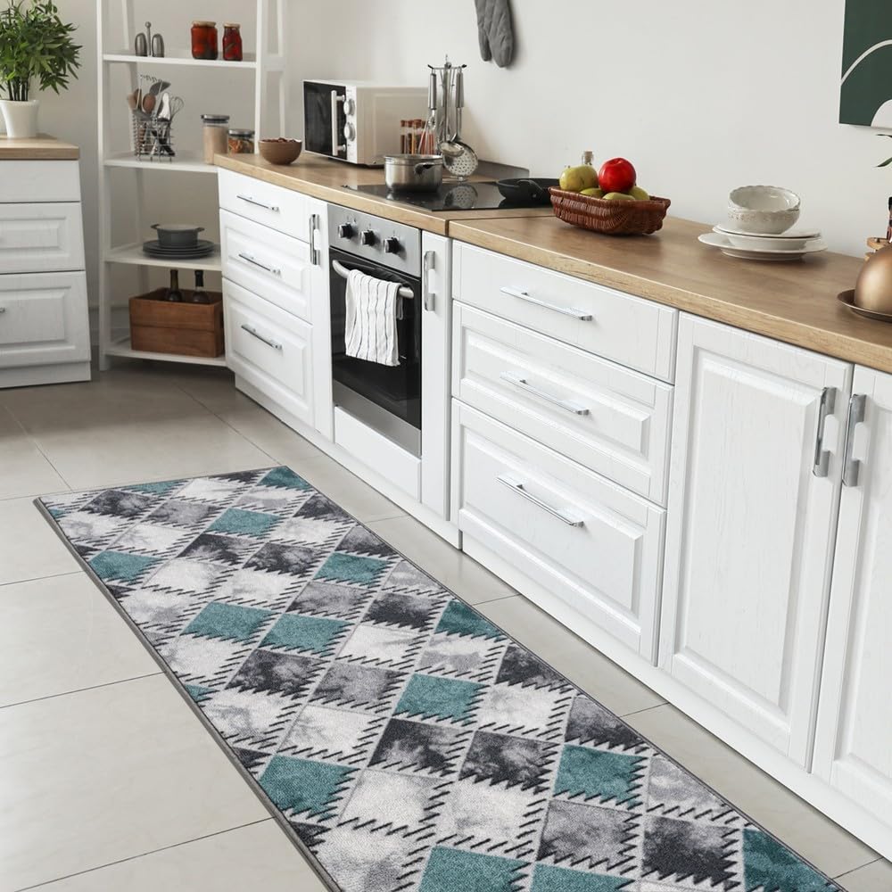 emmevi Tappeto Cucina Bordato Antiscivolo Assorbente Passatoia Colori Accesi Patchwork 57x190 Cm Azzurro