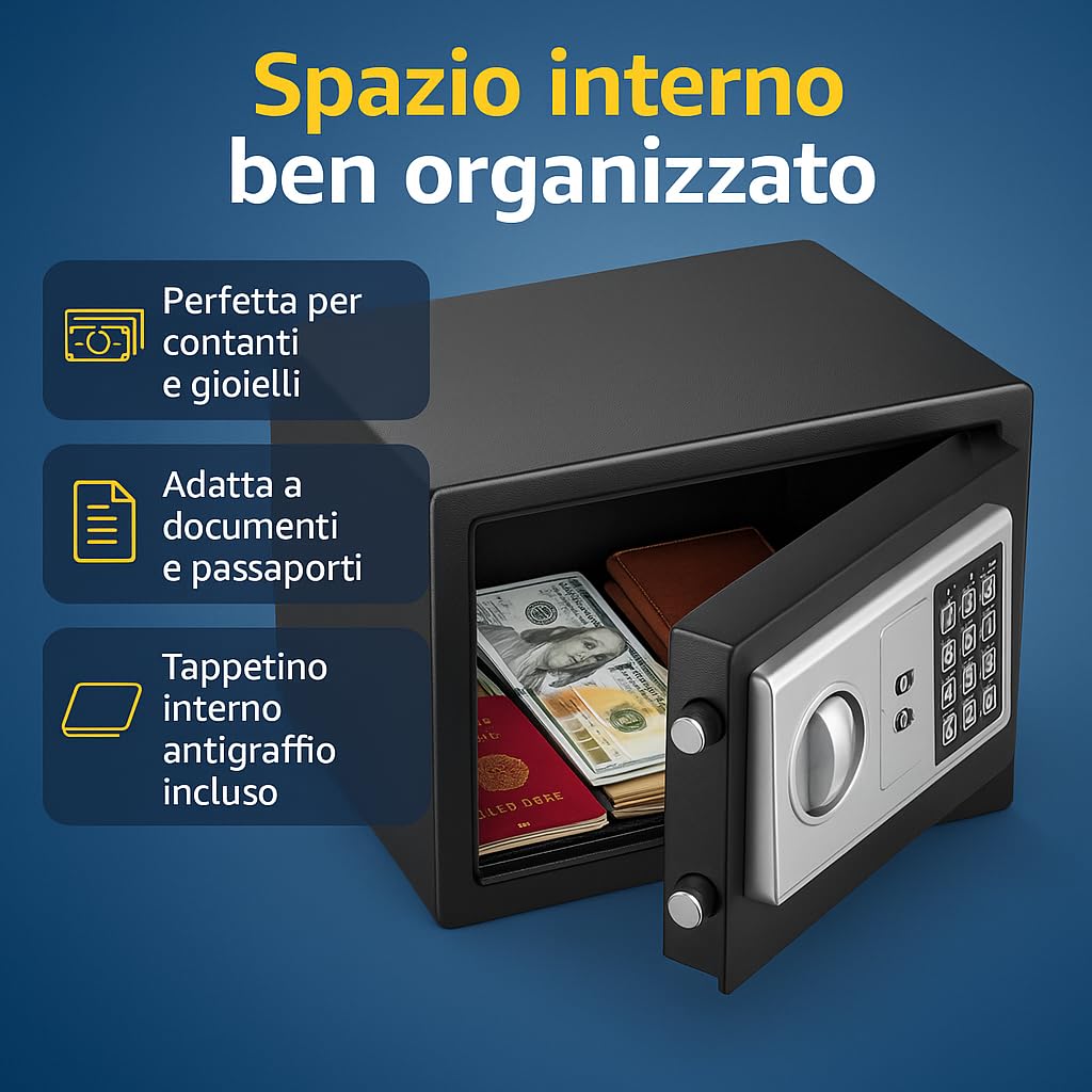 Utilia Security Cassaforte Elettronica 23×17×17 cm, combinatore digitale con chiave, 2 catenacci Ø15 mm, acciaio verniciato, fissaggio a muro/armadio, avviso batteria.