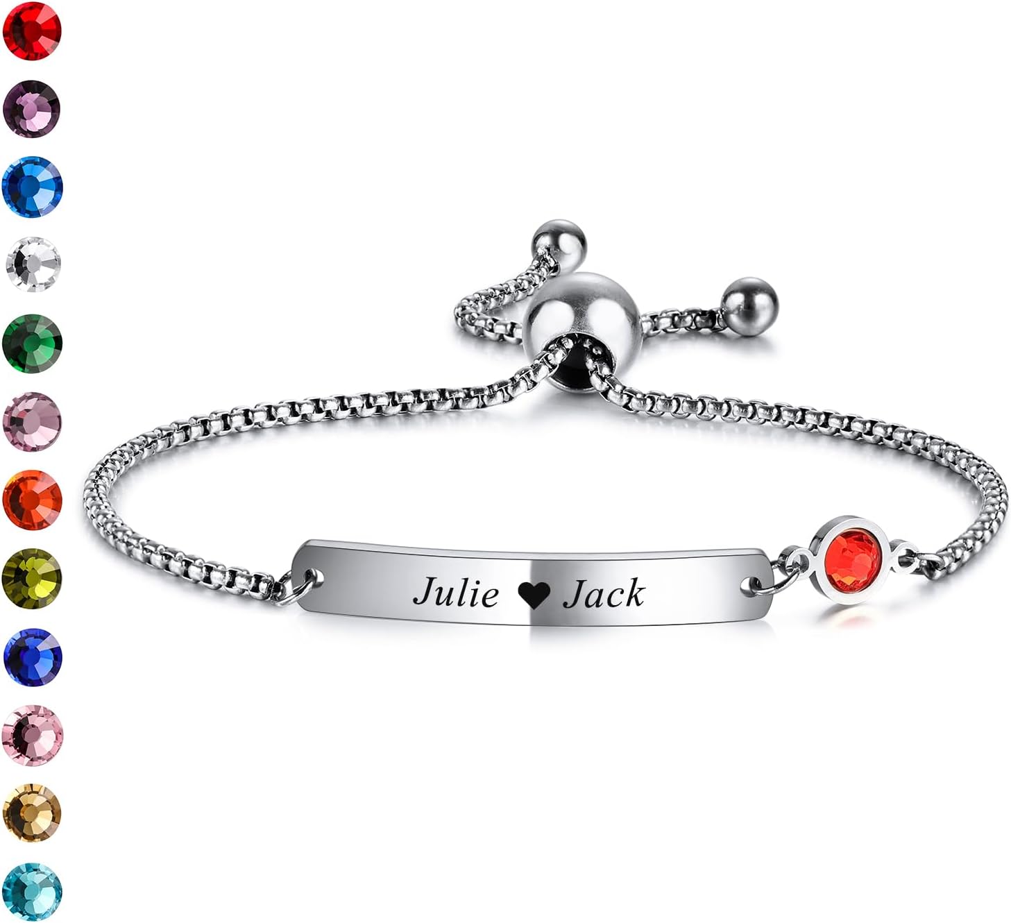 INBLUE Custom Name Bar Bracelet with Birthstone for Women Stainless Steel Adjustable Personalized ID Coordinate Engraved Bracelet Anniversary Customized Gift for Mom Girlfriend Sister