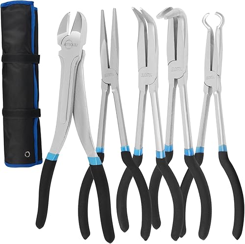 Juego de 5 alicates de punta de aguja extralargos, alicates diagonales de 11 pulgadas de largo alcance, alicates rectos, alicates de punta doblada