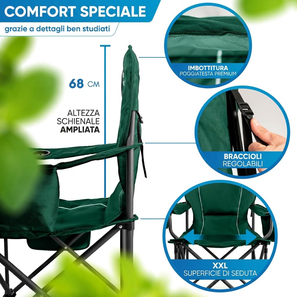 NORDMUT® Sedia da campeggio pieghevole leggera – stabile con portata 200 kg – Comoda sedia da pesca con pratica borsa frigo e portabicchieri (Verde 1x)